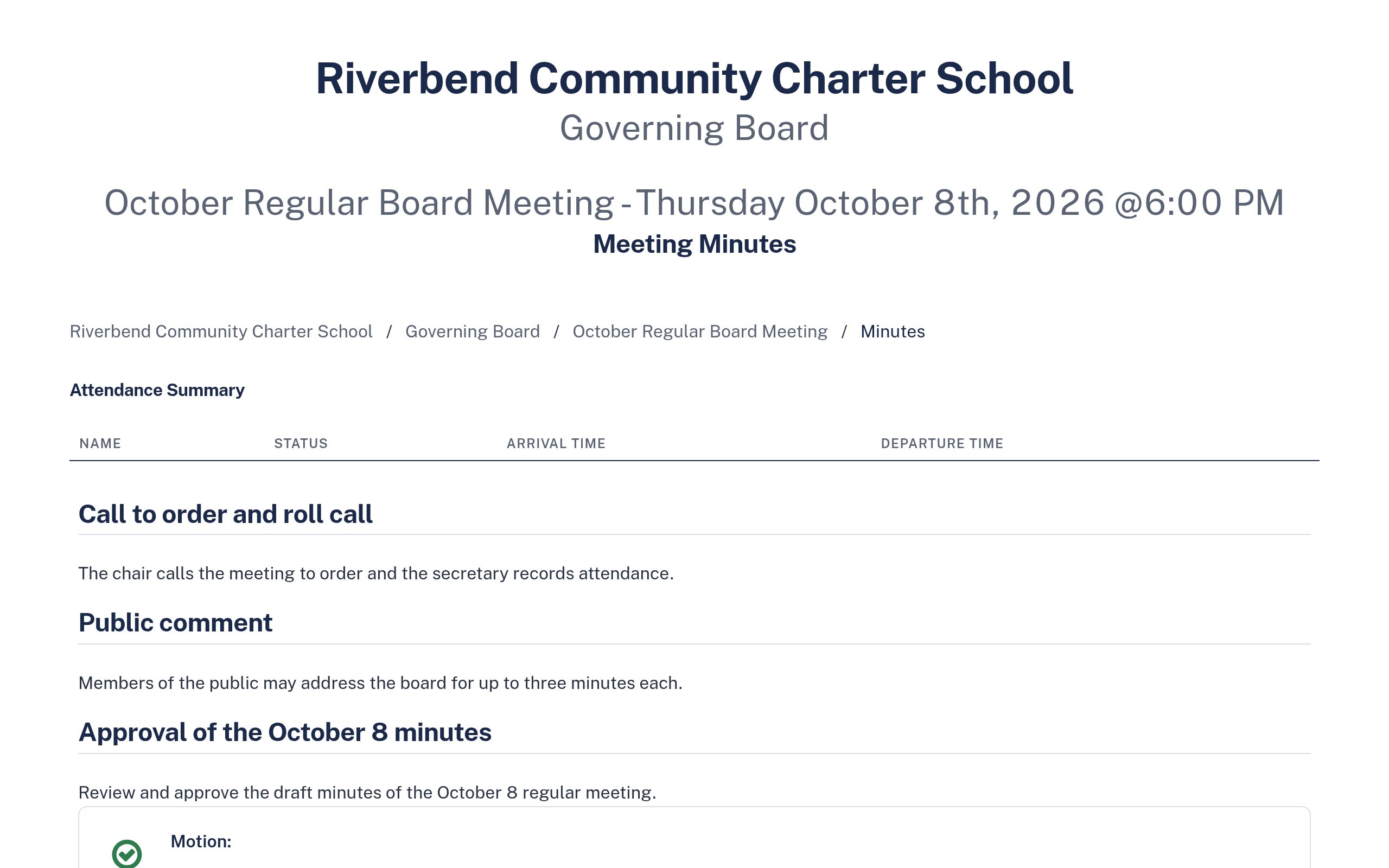 Published minutes for the October board meeting, with agenda items and a passed motion showing who moved and seconded it